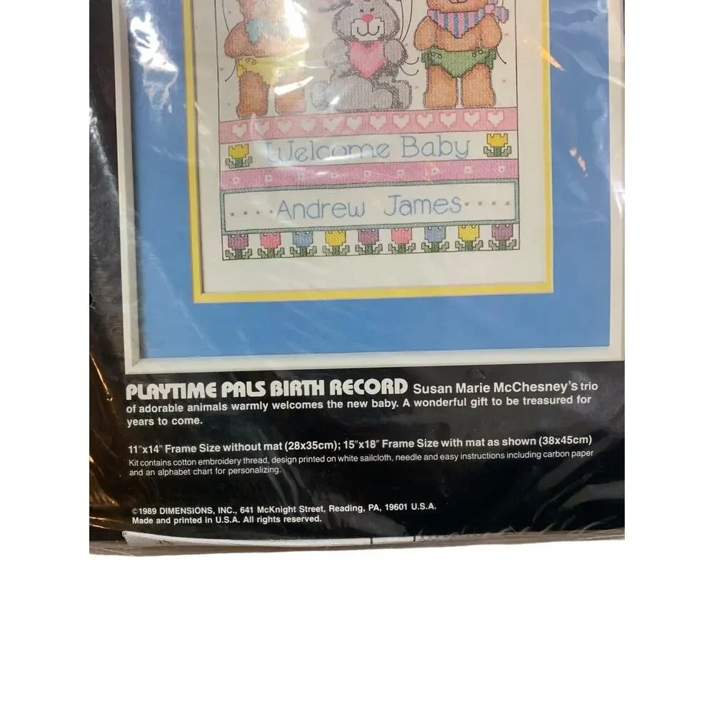 NEW Vtg 1989 Dimensions Cross Stitch Kit Playtime Pals Birth Record 11